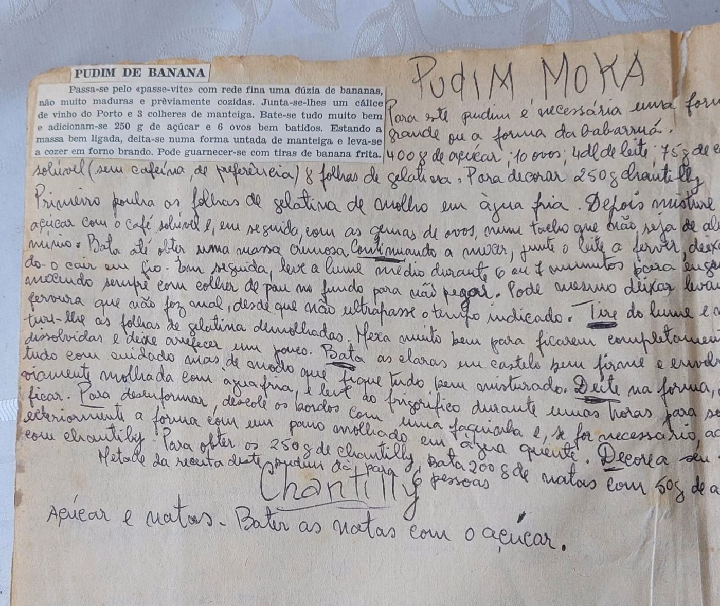 Hugo’s mum’s handwritten recipe card for Pudim Moka, in Portuguese, next to a newspaper clipping.